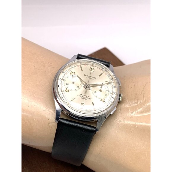 Wakmann Men's Watch Vintage Swiss Manual Wind Chronograph Silver Dial 38mm - Picture 5 of 13